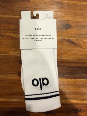ALO Yoga Unisex Athletic Crew Socks - White with Black Logo & Stripes